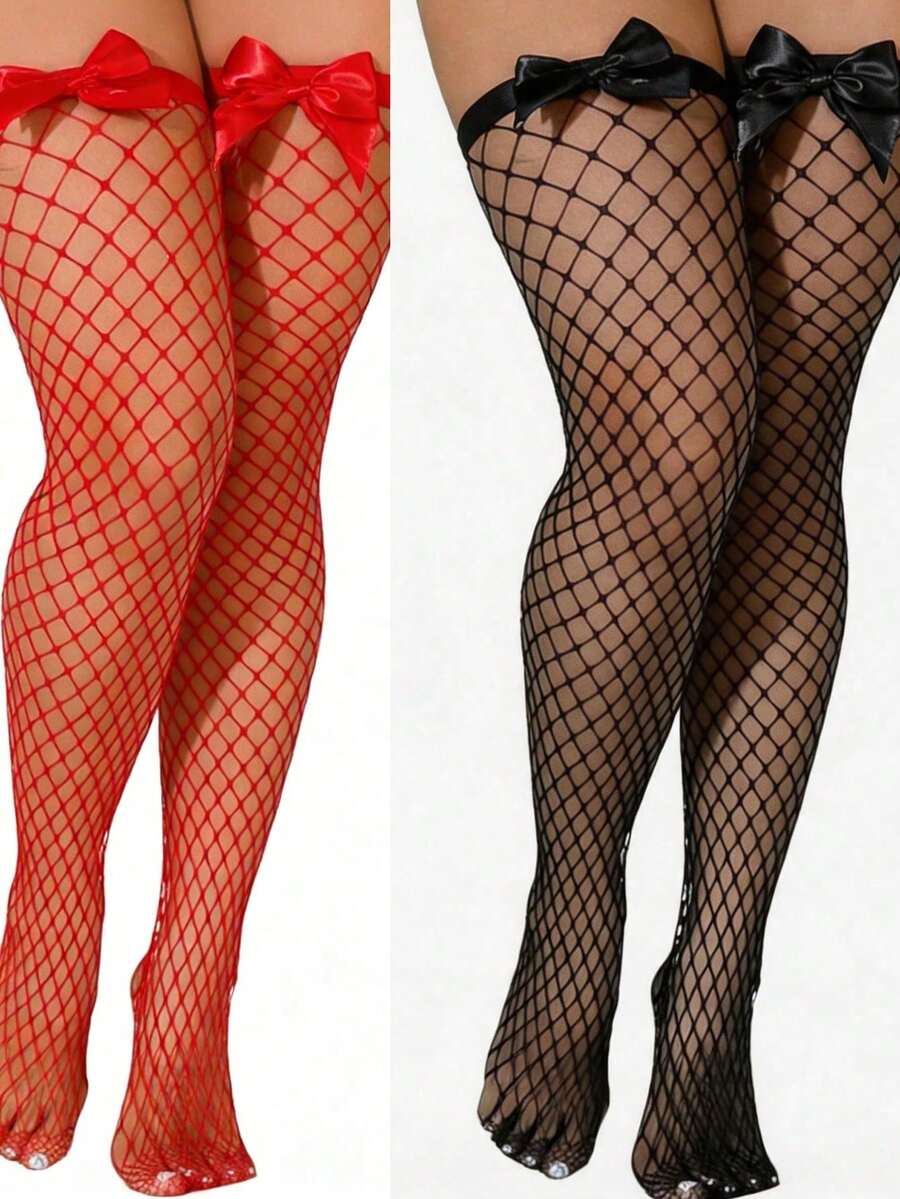 Knee High Sock Women - 리본 장식 피쉬넷 허벅지 스타킹, 탄력